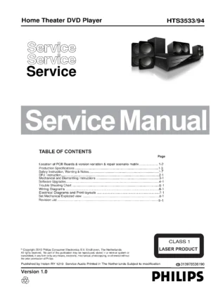 Philips hts3533 service manual cover with picture of the device, model type and number, table of contents, manual version and publication year.