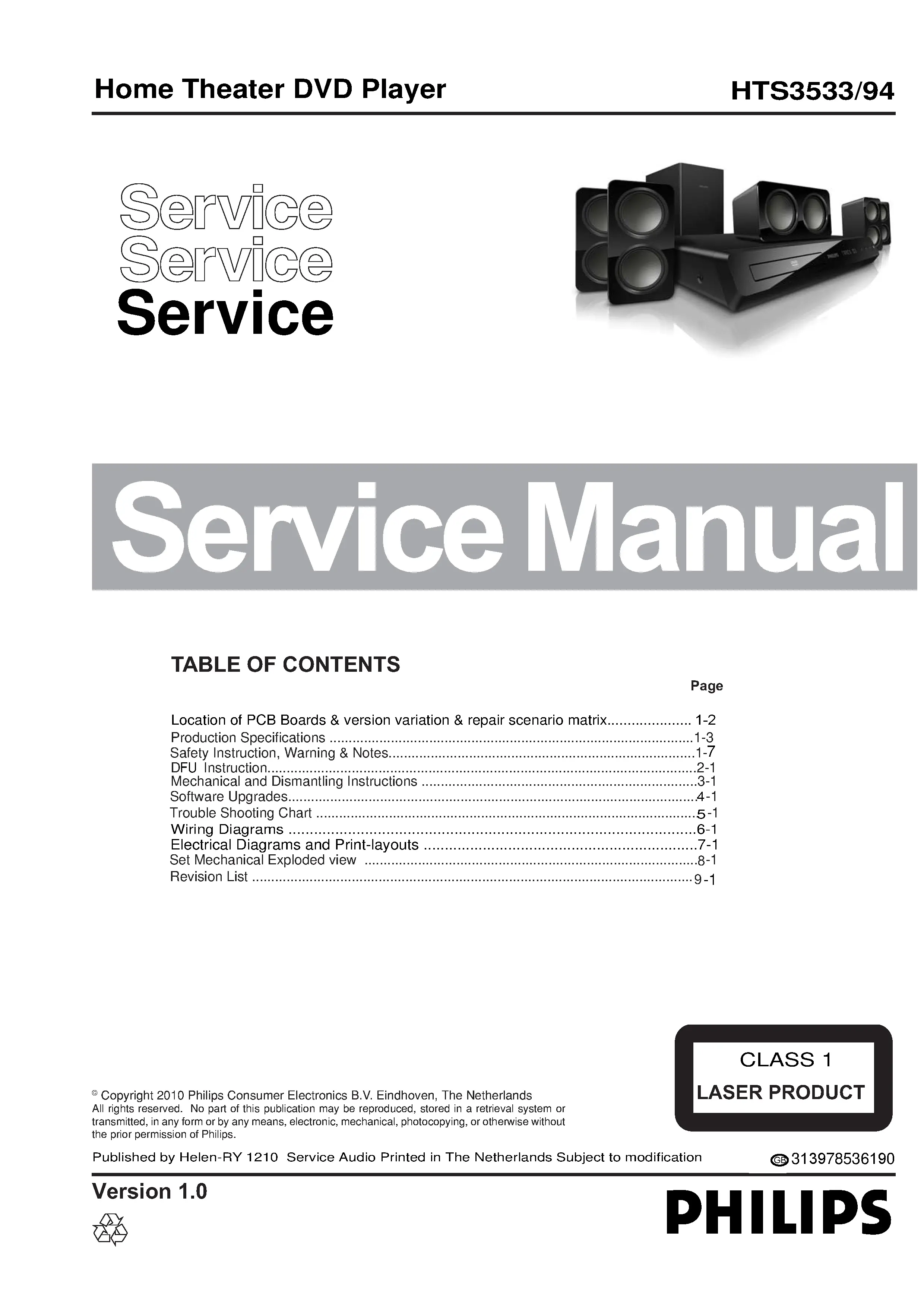 Philips hts3533 service manual cover with picture of the device, model type and number, table of contents, manual version and publication year.