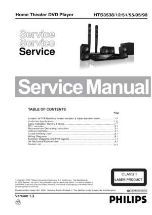 Philips hts3538 service manual cover with picture of the device, model type and number, table of contents, manual version and publication year.