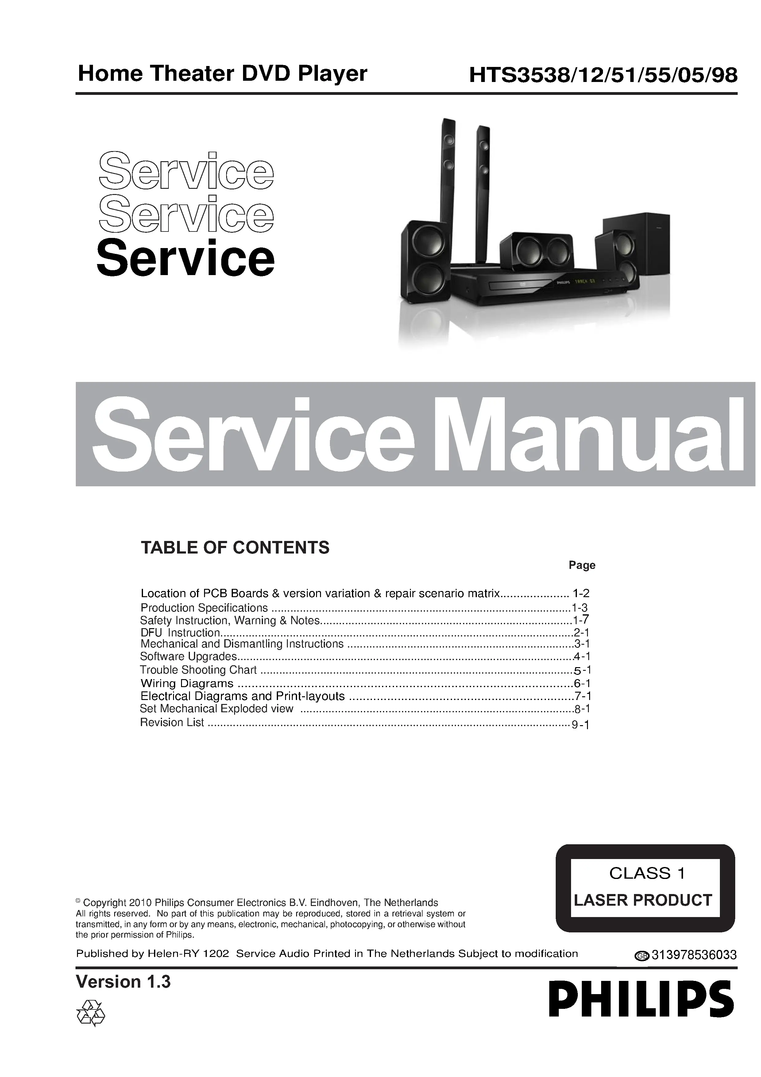Philips hts3538 service manual cover with picture of the device, model type and number, table of contents, manual version and publication year.