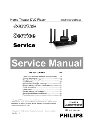 Philips hts3540 service manual cover with picture of the device, model type and number, table of contents, manual version and publication year.