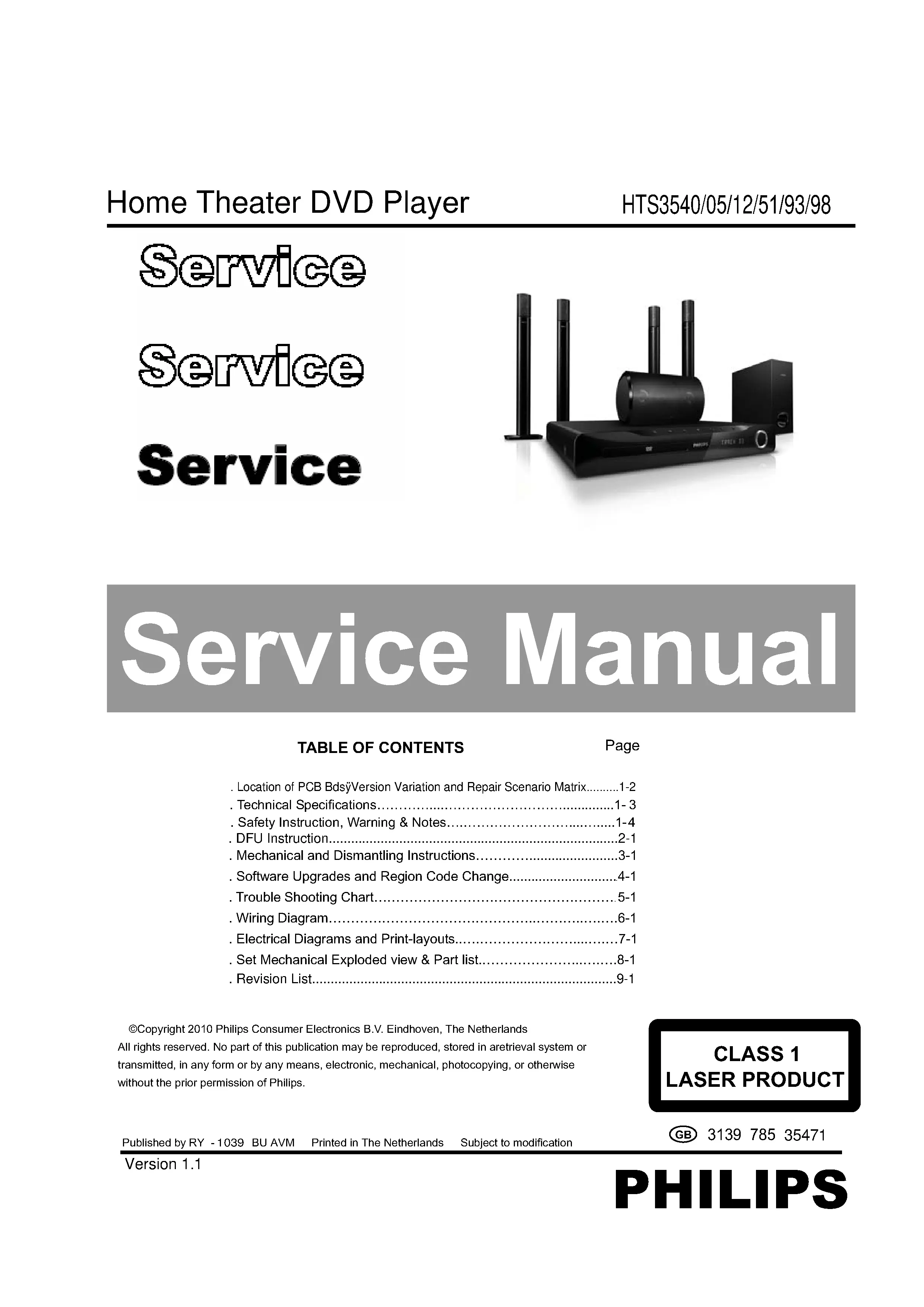 Philips hts3540 service manual cover with picture of the device, model type and number, table of contents, manual version and publication year.