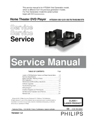 Philips hts3541 service manual cover with picture of the device, model type and number, table of contents, manual version and publication year.