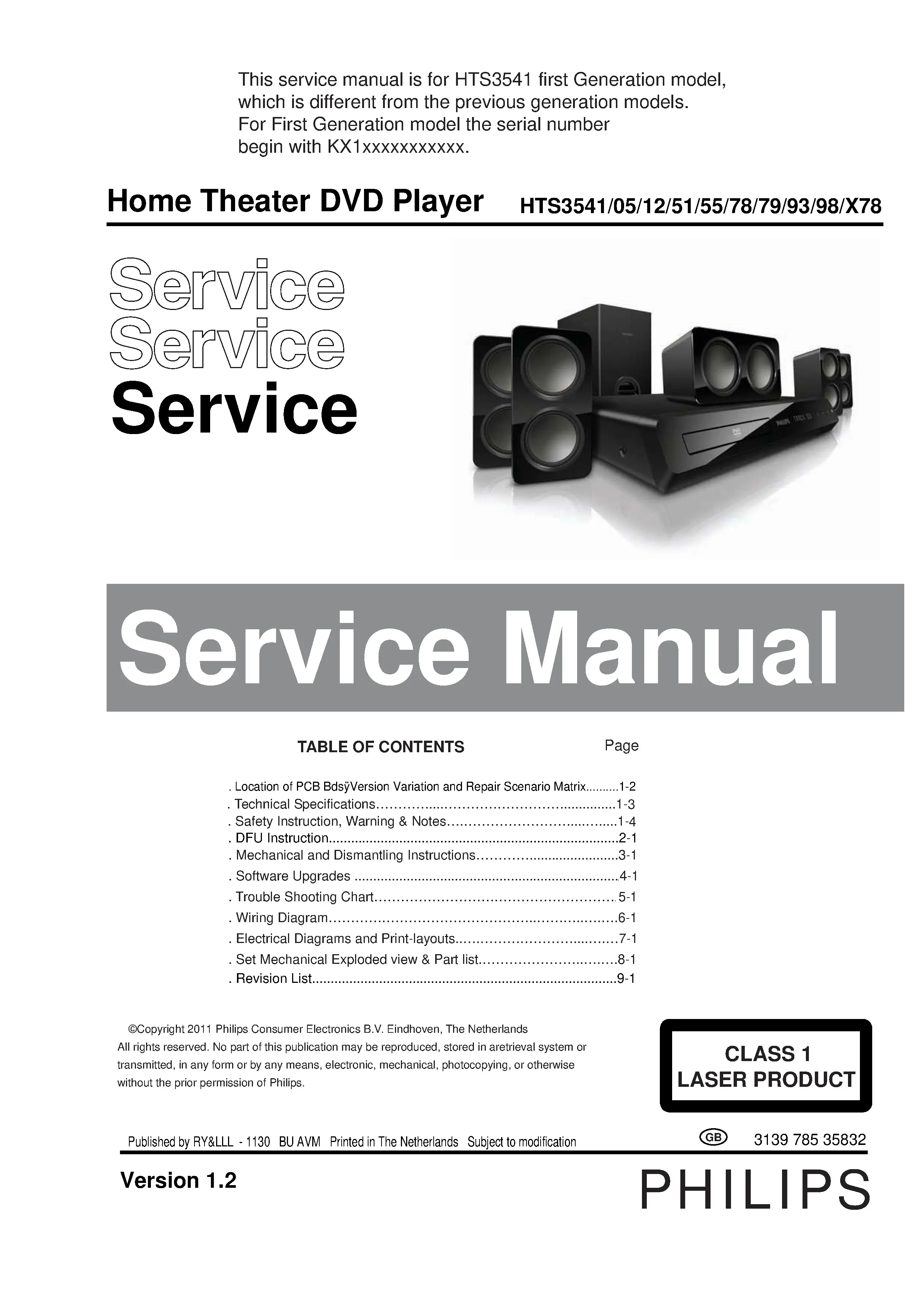Philips hts3541 service manual cover with picture of the device, model type and number, table of contents, manual version and publication year.