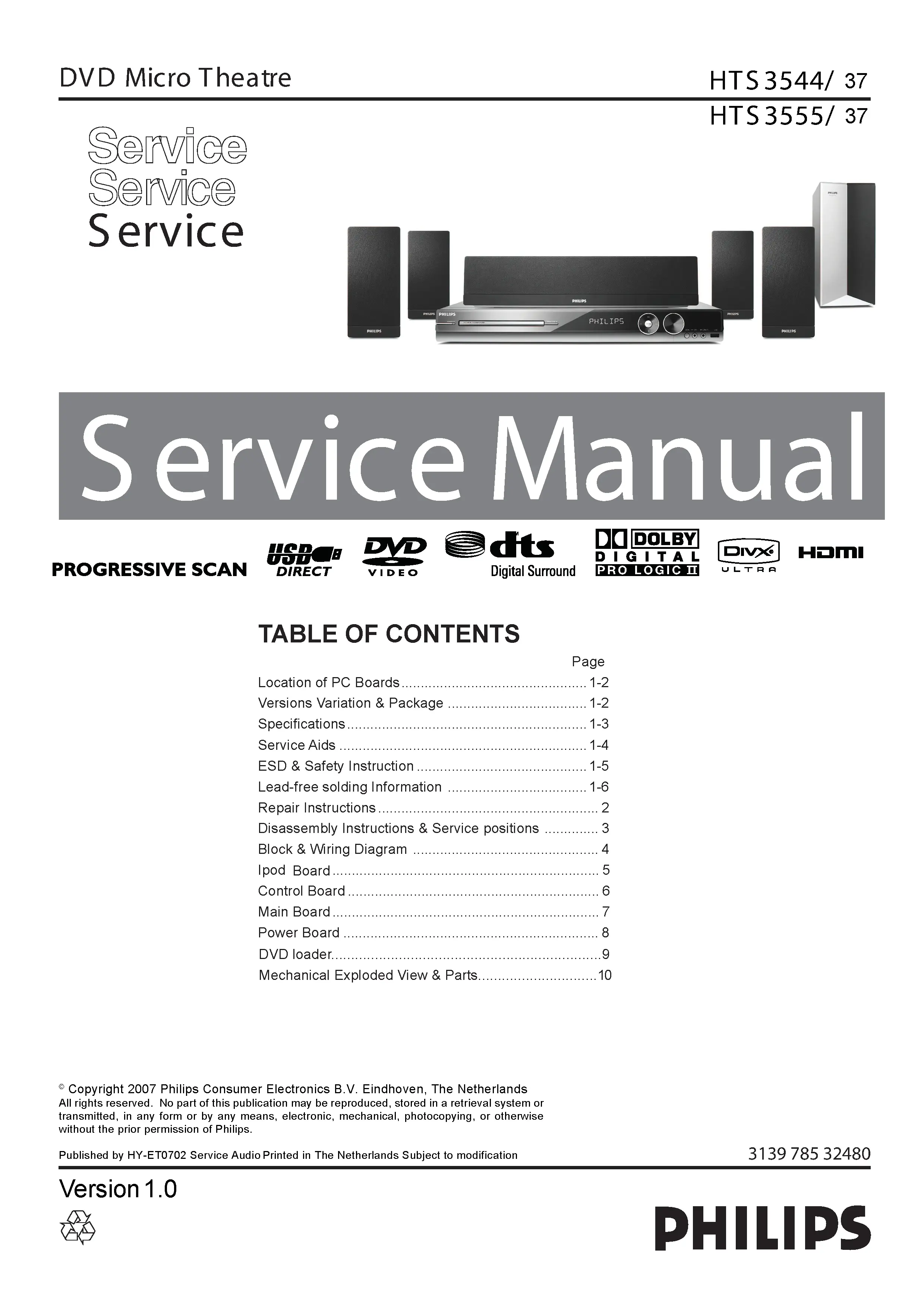 Philips hts3544 service manual cover with picture of the device, model type and number, table of contents, manual version and publication year.