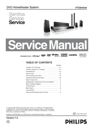 Philips hts3545 service manual cover with picture of the device, model type and number, table of contents, manual version and publication year.