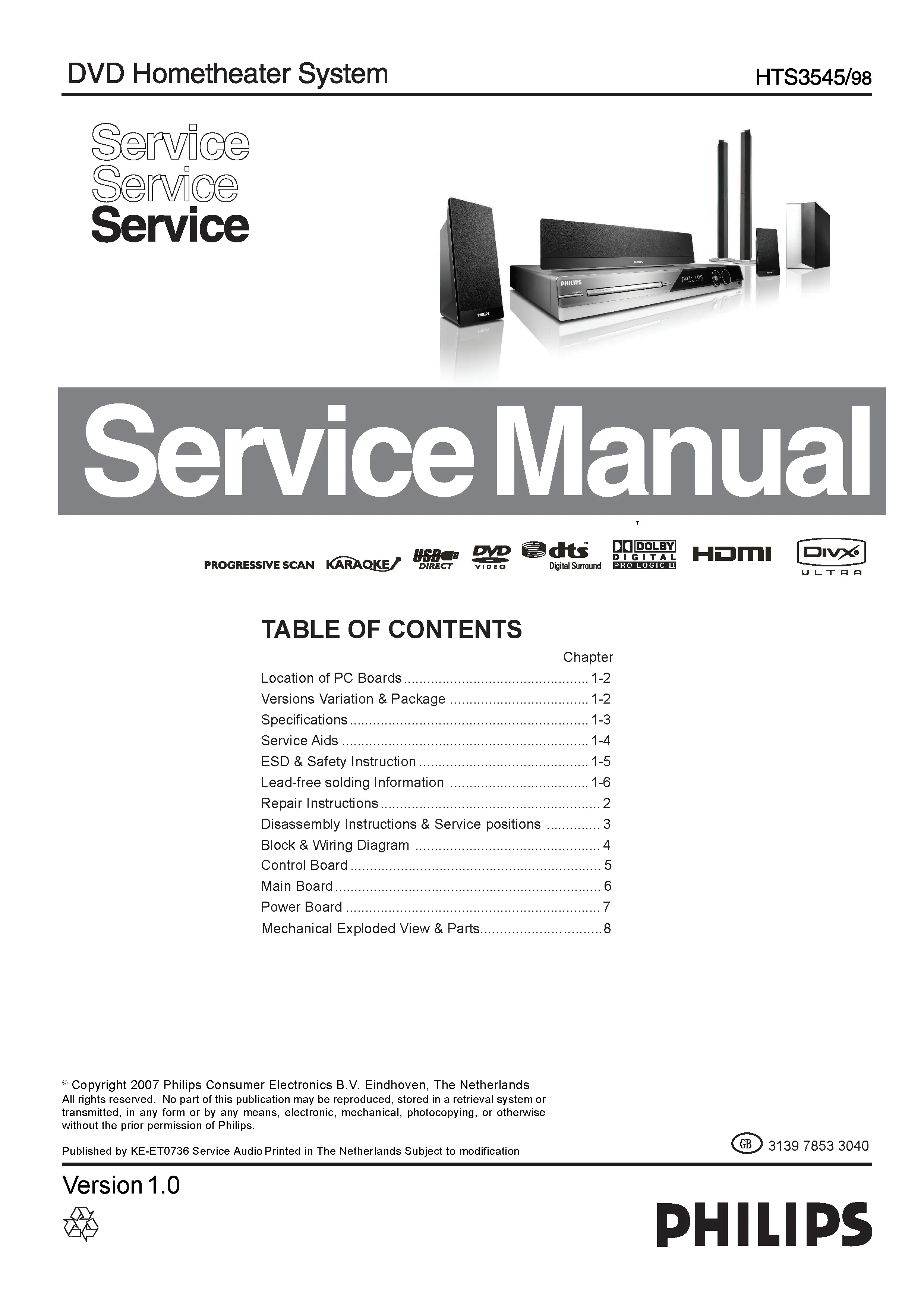 Philips hts3545 service manual cover with picture of the device, model type and number, table of contents, manual version and publication year.