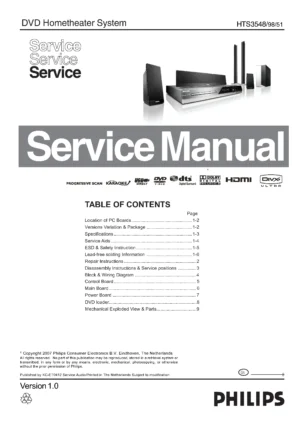 Philips hts3548 service manual cover with picture of the device, model type and number, table of contents, manual version and publication year.
