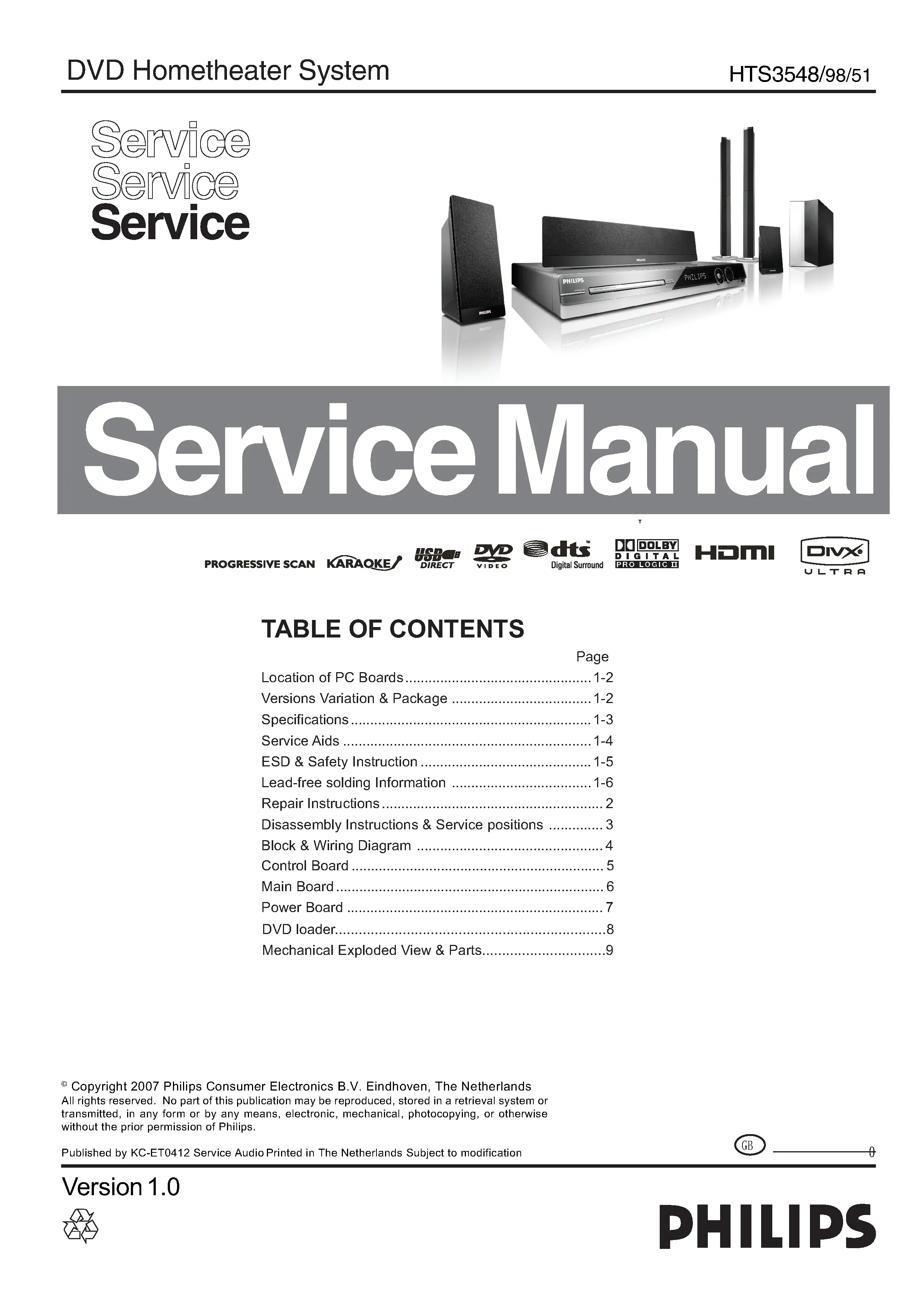 Philips hts3548 service manual cover with picture of the device, model type and number, table of contents, manual version and publication year.