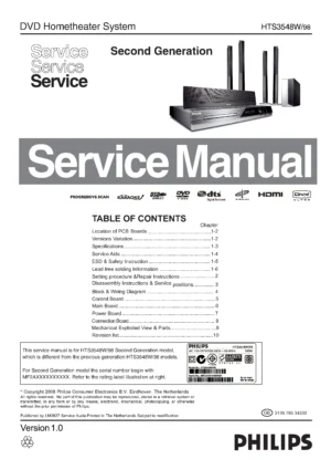 Philips hts3548w service manual cover with picture of the device, model type and number, table of contents, manual version and publication year.