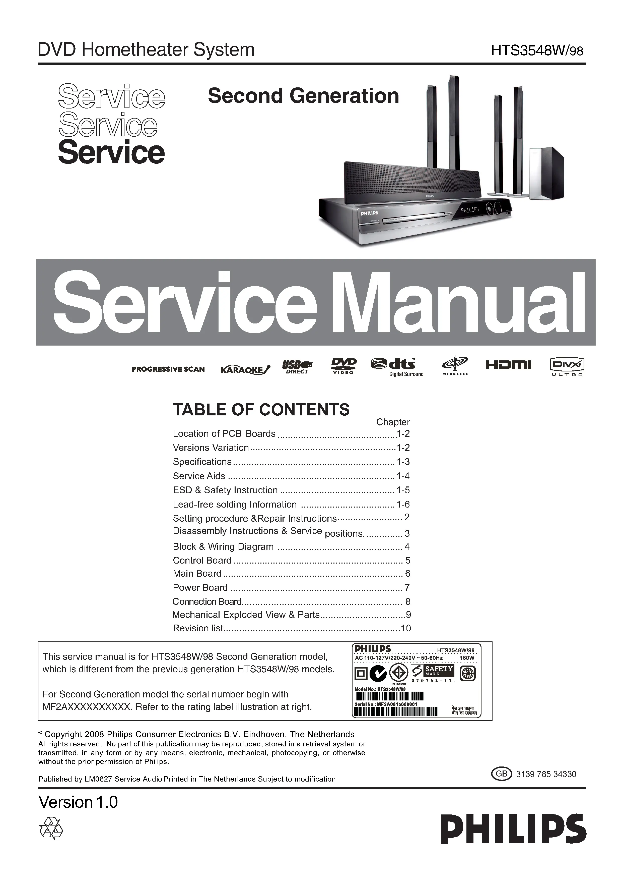 Philips hts3548w service manual cover with picture of the device, model type and number, table of contents, manual version and publication year.