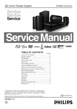 Philips hts3551 service manual cover with picture of the device, model type and number, table of contents, manual version and publication year.