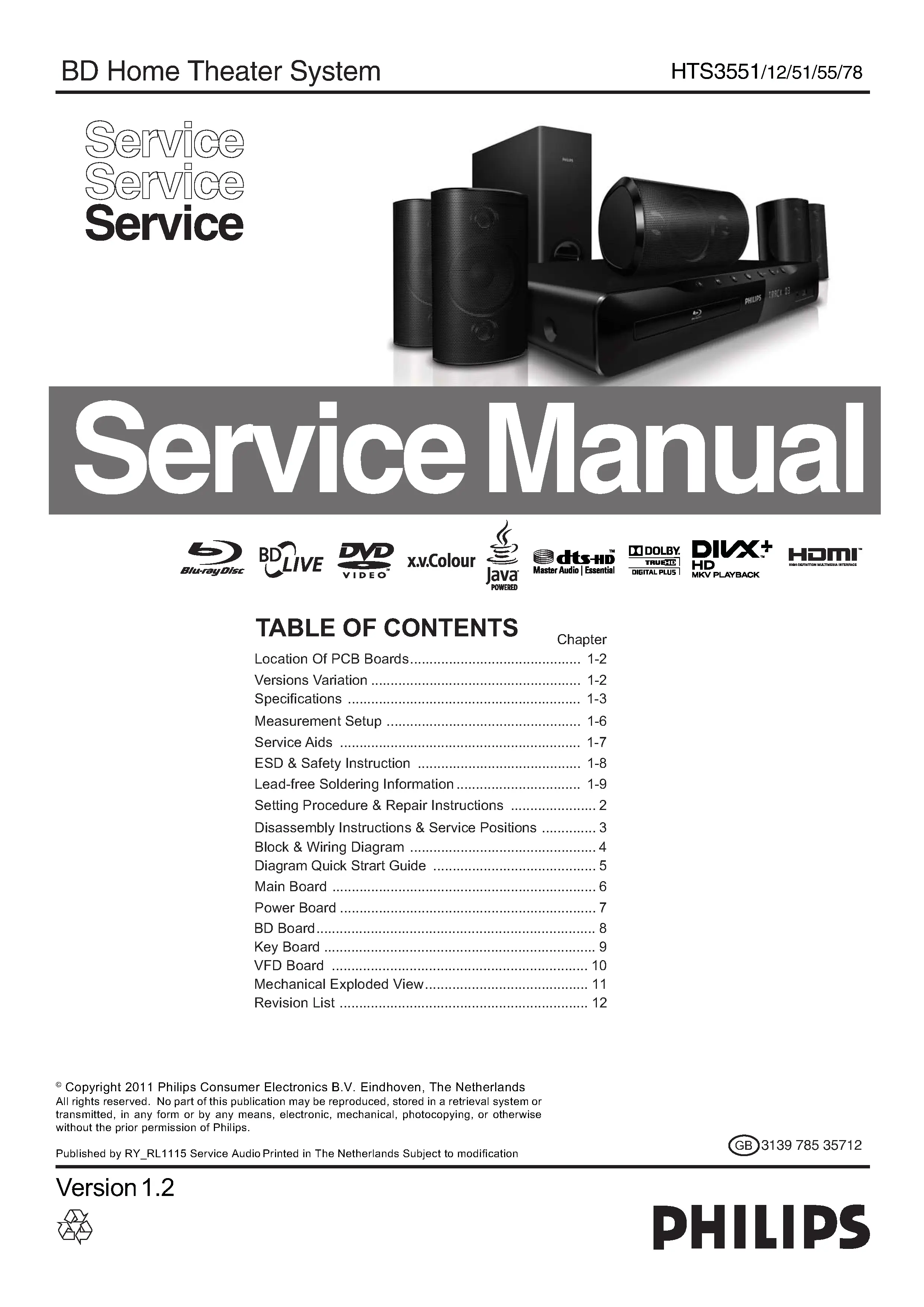 Philips hts3551 service manual cover with picture of the device, model type and number, table of contents, manual version and publication year.