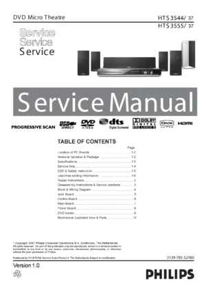 Philips hts3555 service manual cover with picture of the device, model type and number, table of contents, manual version and publication year.