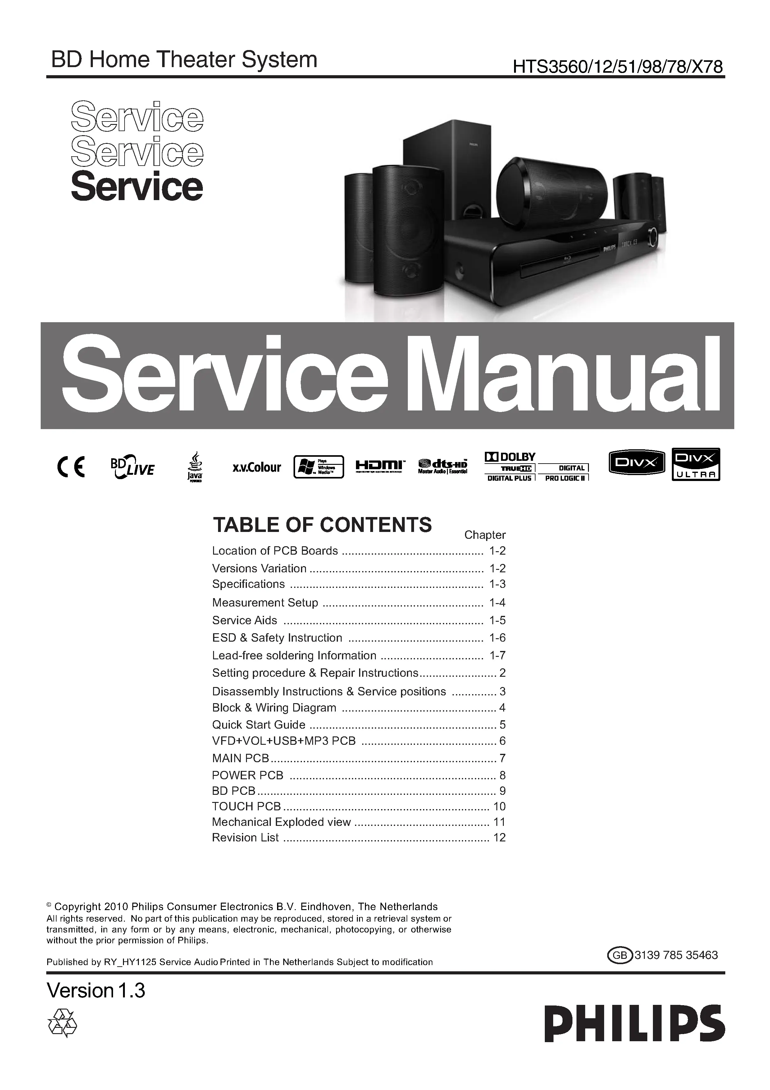 Philips hts3560 hts3560x service manual cover with picture of the device, model type and number, table of contents, manual version and publication year.