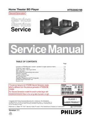 Philips hts3562 service manual cover with picture of the device, model type and number, table of contents, manual version and publication year.