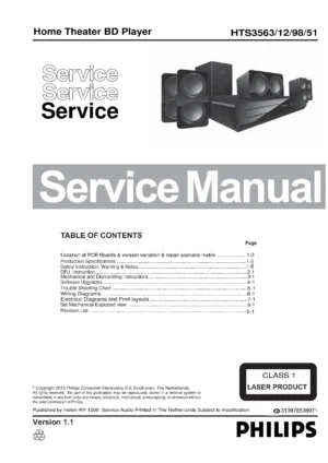 Philips hts3563 service manual cover with picture of the device, model type and number, table of contents, manual version and publication year.