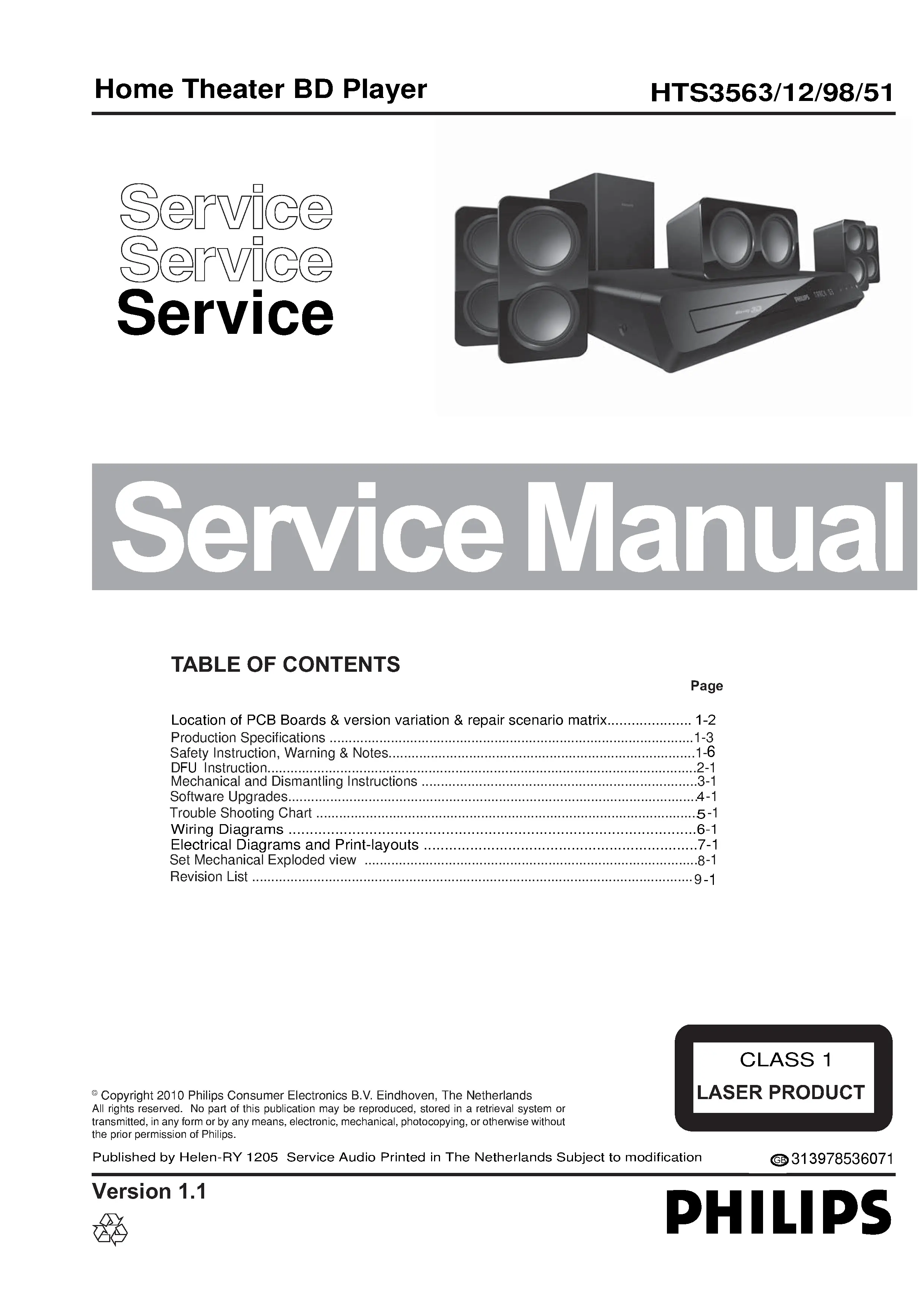 Philips hts3563 service manual cover with picture of the device, model type and number, table of contents, manual version and publication year.