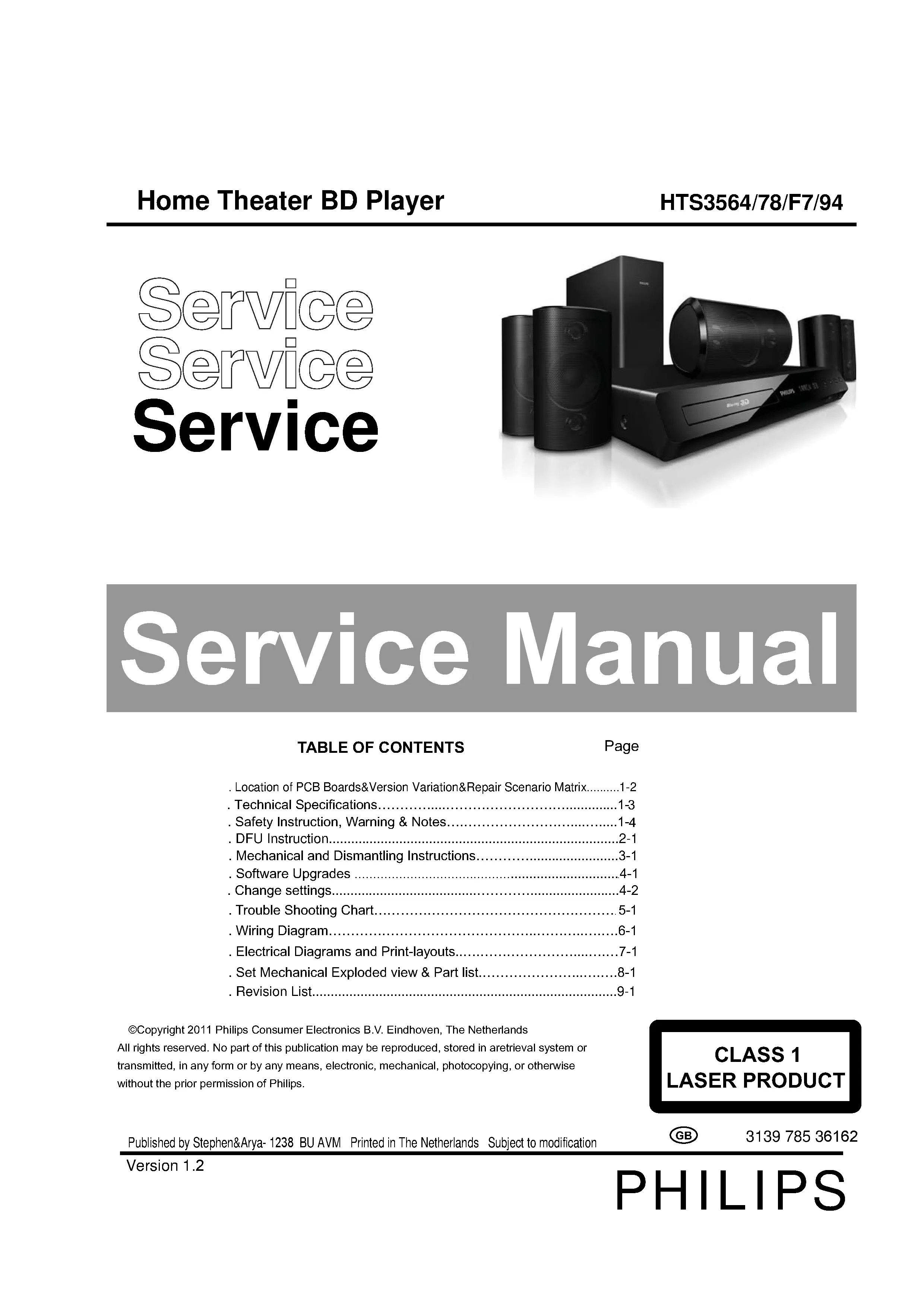 Philips hts3564 service manual cover with picture of the device, model type and number, table of contents, manual version and publication year.