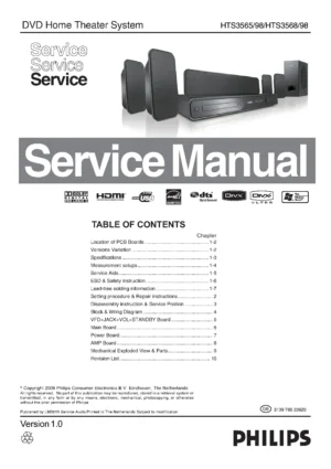 Philips hts3565 service manual cover with picture of the device, model type and number, table of contents, manual version and publication year.