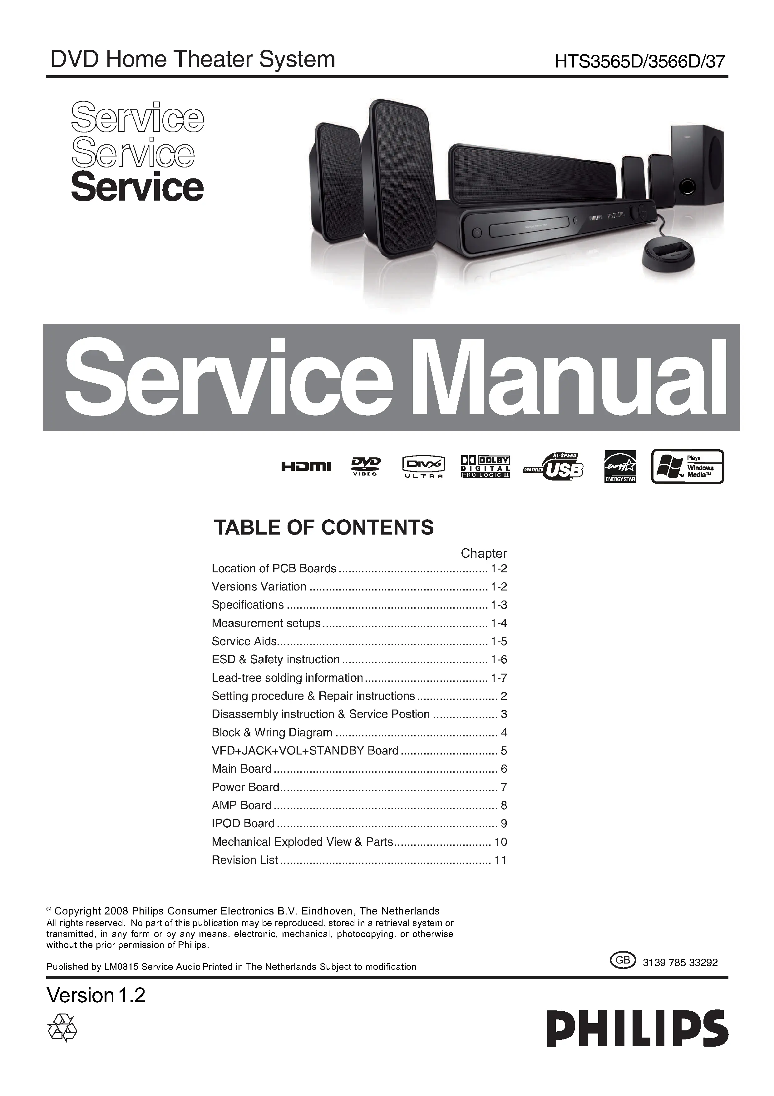 Philips hts3565d service manual cover with picture of the device, model type and number, table of contents, manual version and publication year.