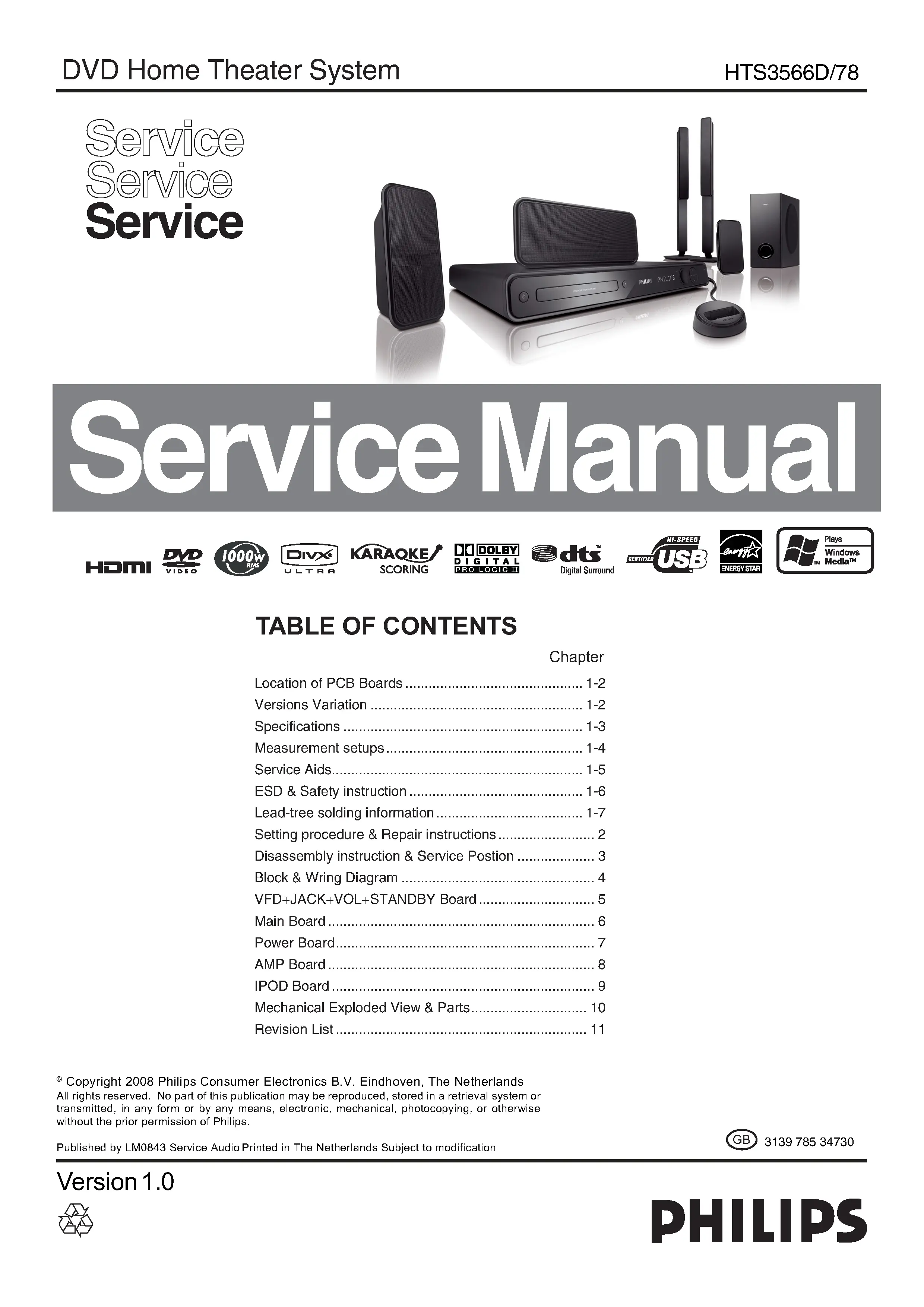 Philips hts3566d service manual cover with picture of the device, model type and number, table of contents, manual version and publication year.