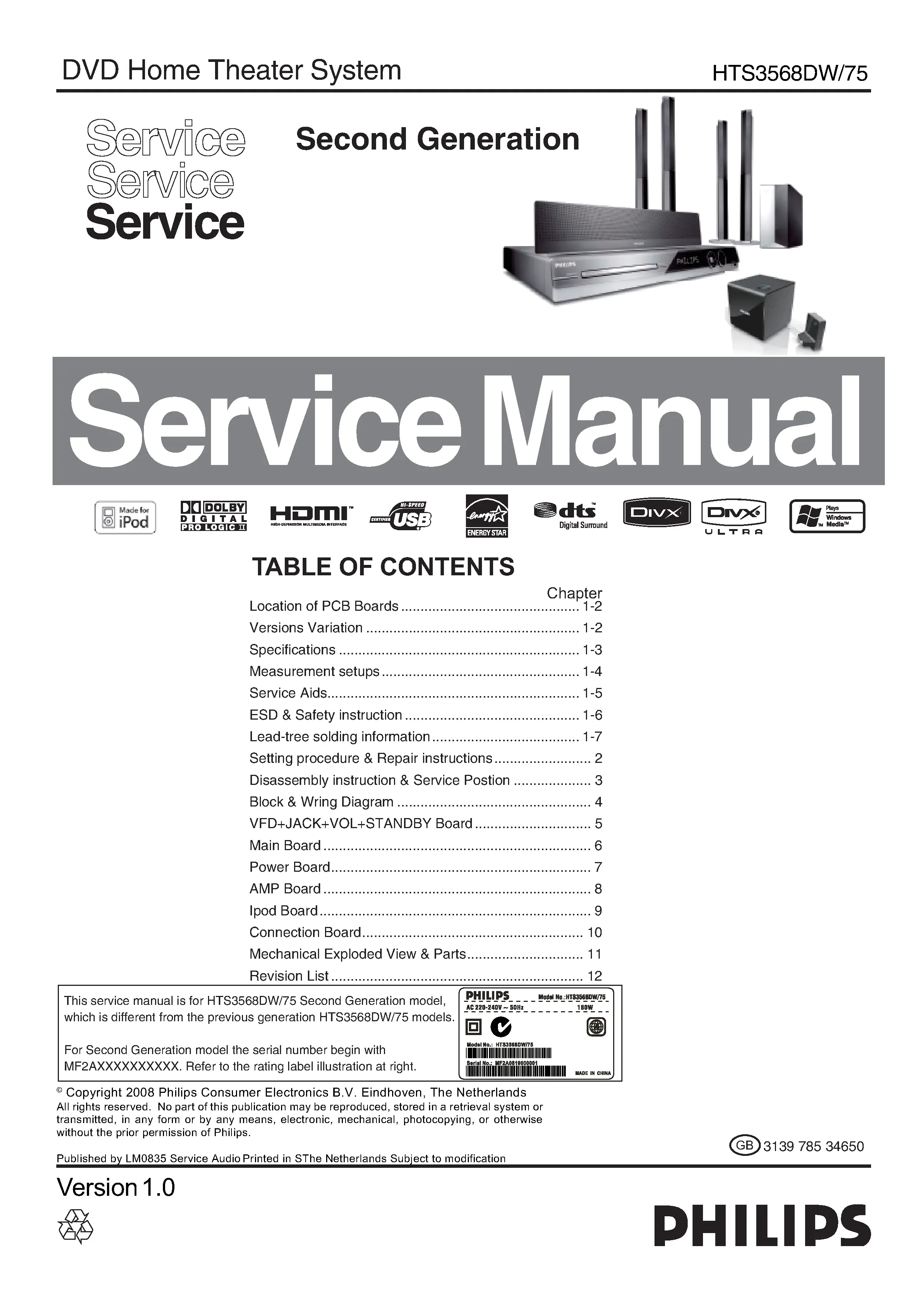 Philips hts3568dw service manual cover with picture of the device, model type and number, table of contents, manual version and publication year.