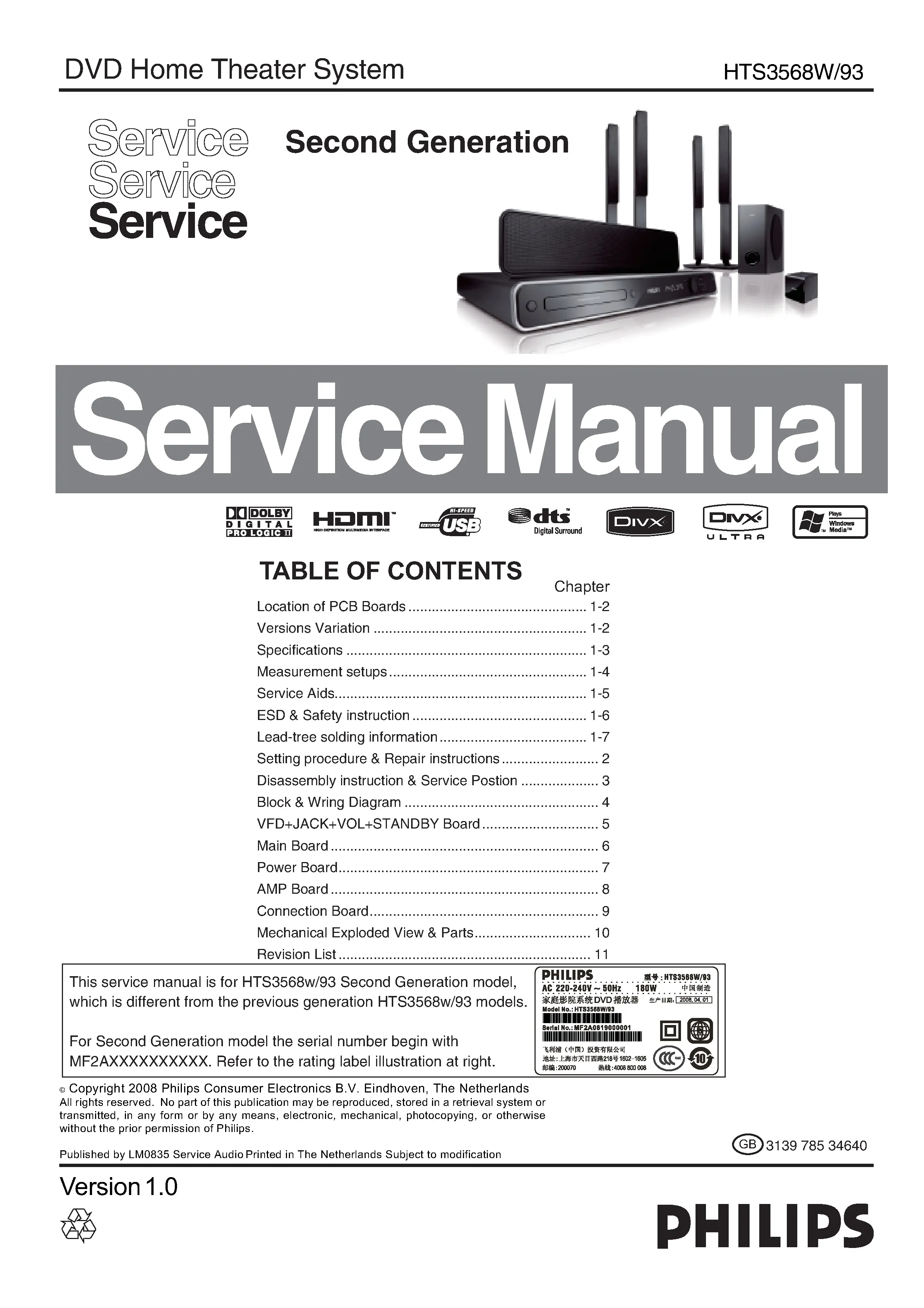 Philips hts3568w service manual cover with picture of the device, model type and number, table of contents, manual version and publication year.