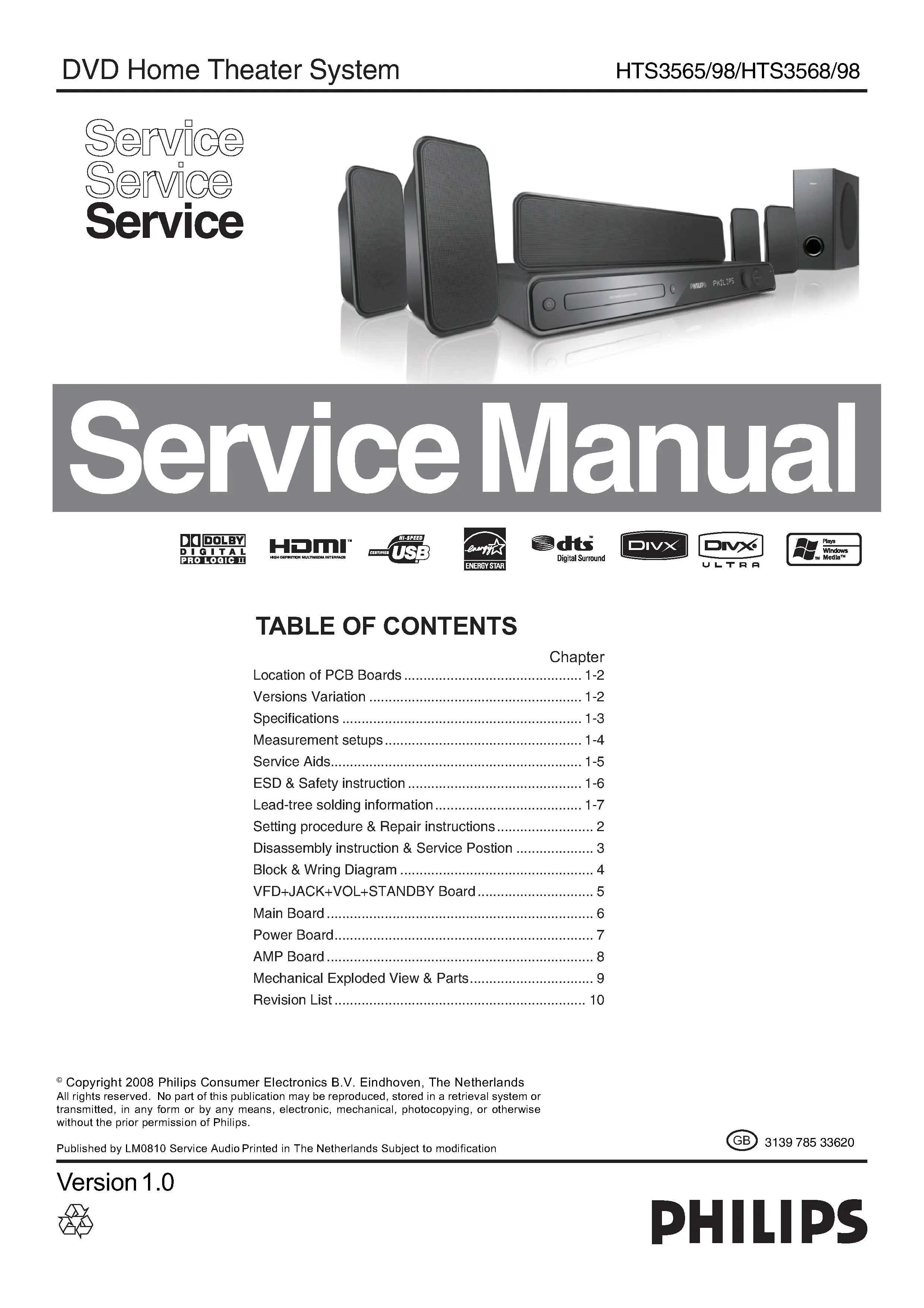 Philips hts3569 service manual cover with picture of the device, model type and number, table of contents, manual version and publication year.