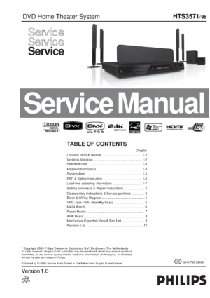 Philips hts3571 service manual cover with picture of the device, model type and number, table of contents, manual version and publication year.