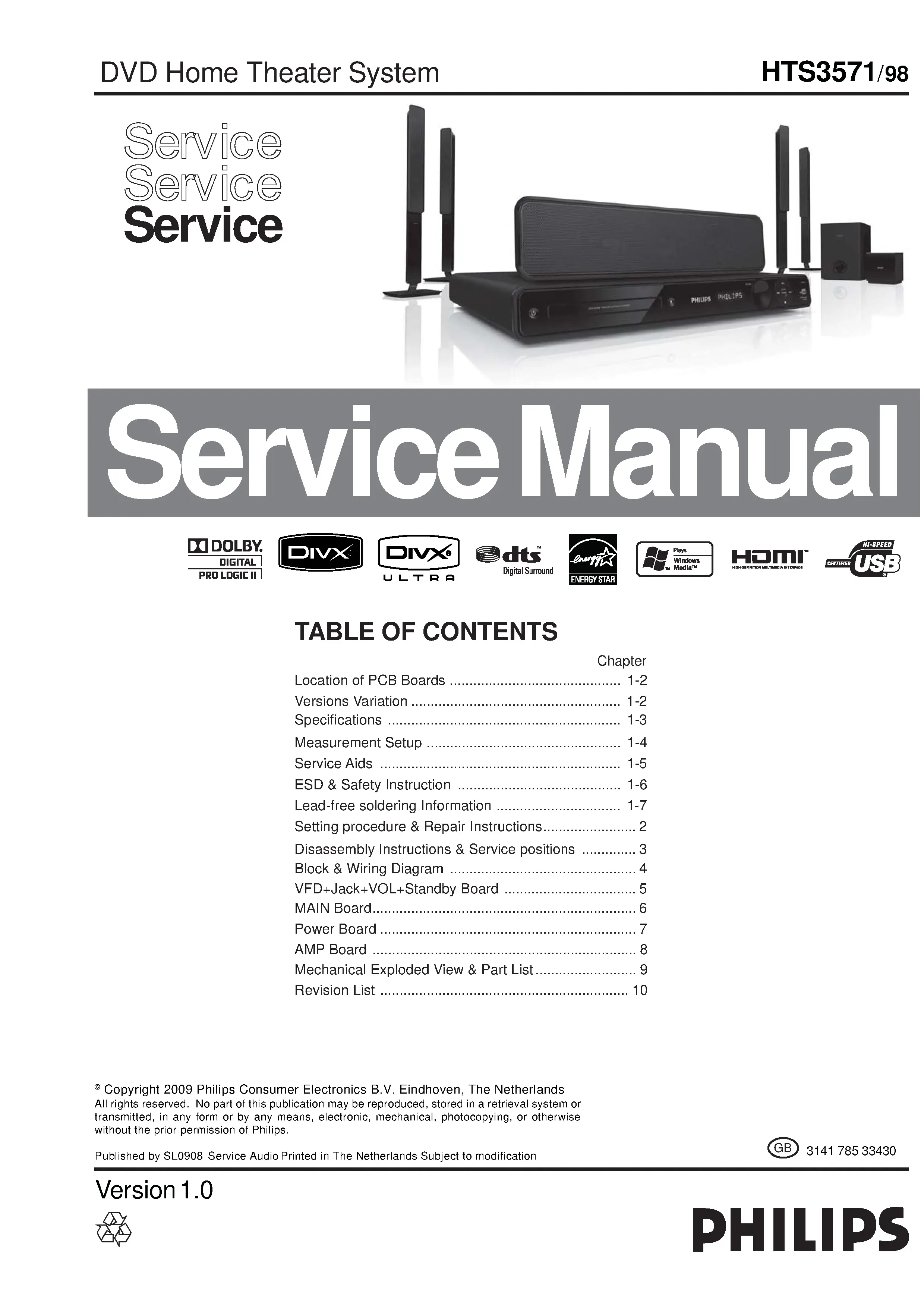 Philips hts3571 service manual cover with picture of the device, model type and number, table of contents, manual version and publication year.