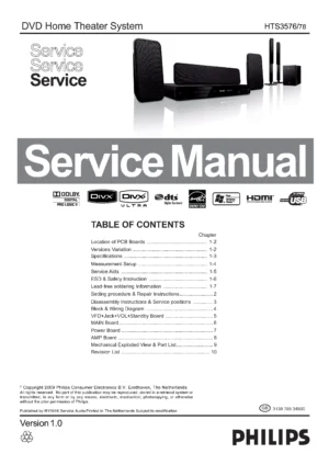 Philips hts3576 service manual cover with picture of the device, model type and number, table of contents, manual version and publication year.