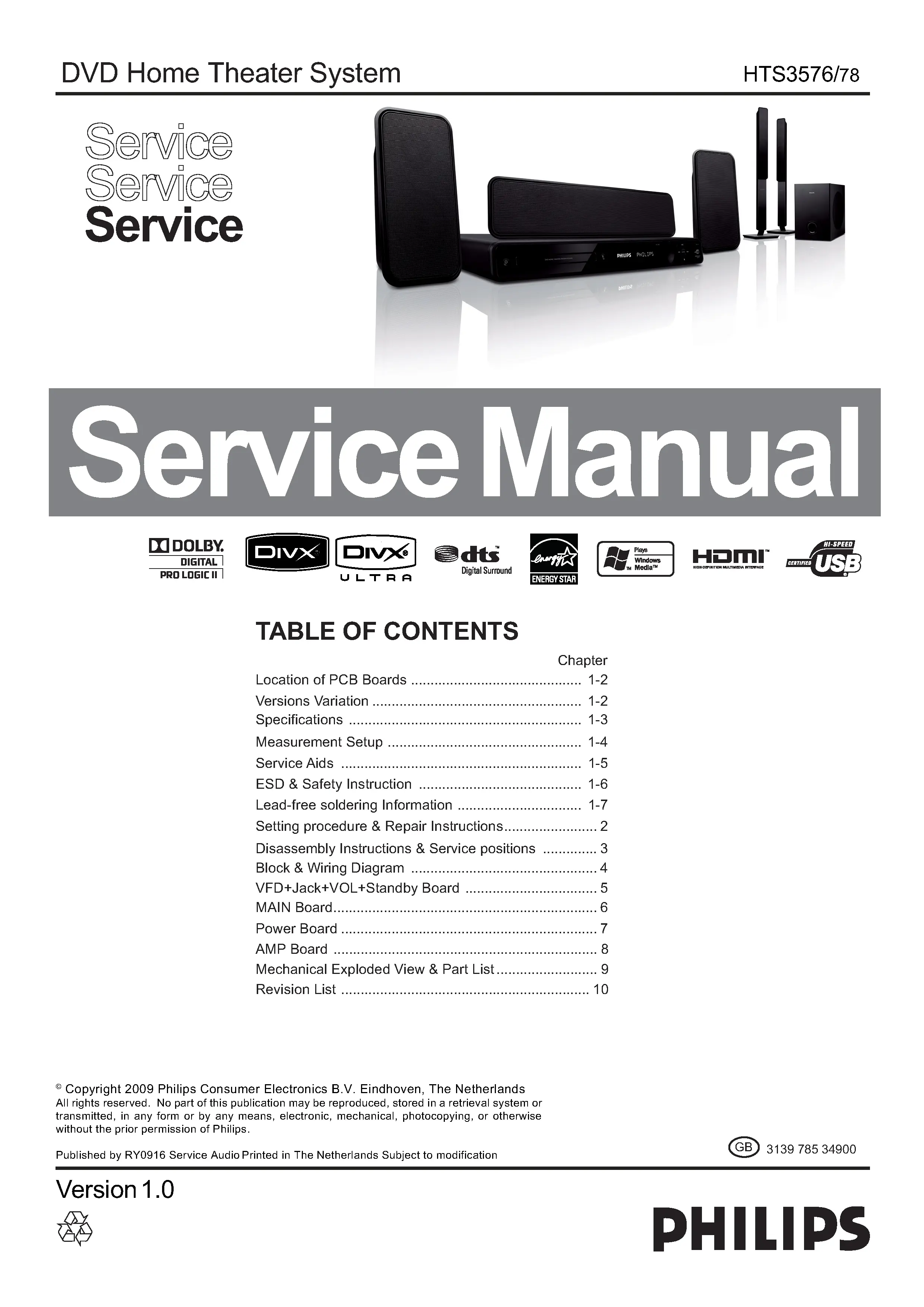 Philips hts3576 service manual cover with picture of the device, model type and number, table of contents, manual version and publication year.