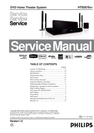 Philips hts3578 service manual cover with picture of the device, model type and number, table of contents, manual version and publication year.
