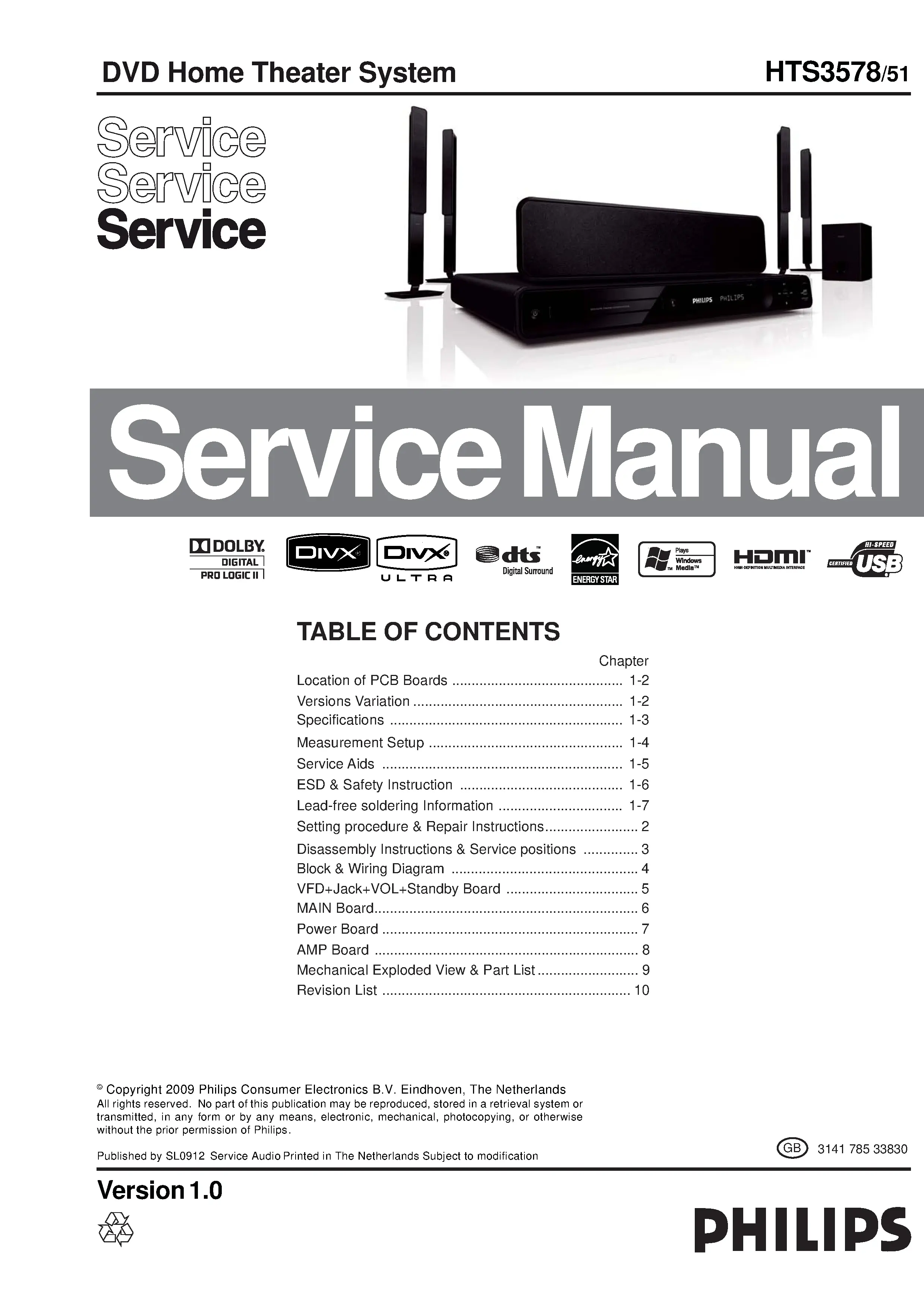 Philips hts3578 service manual cover with picture of the device, model type and number, table of contents, manual version and publication year.