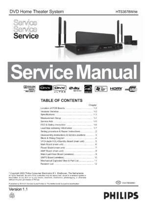 Philips hts3578w service manual cover with picture of the device, model type and number, table of contents, manual version and publication year.