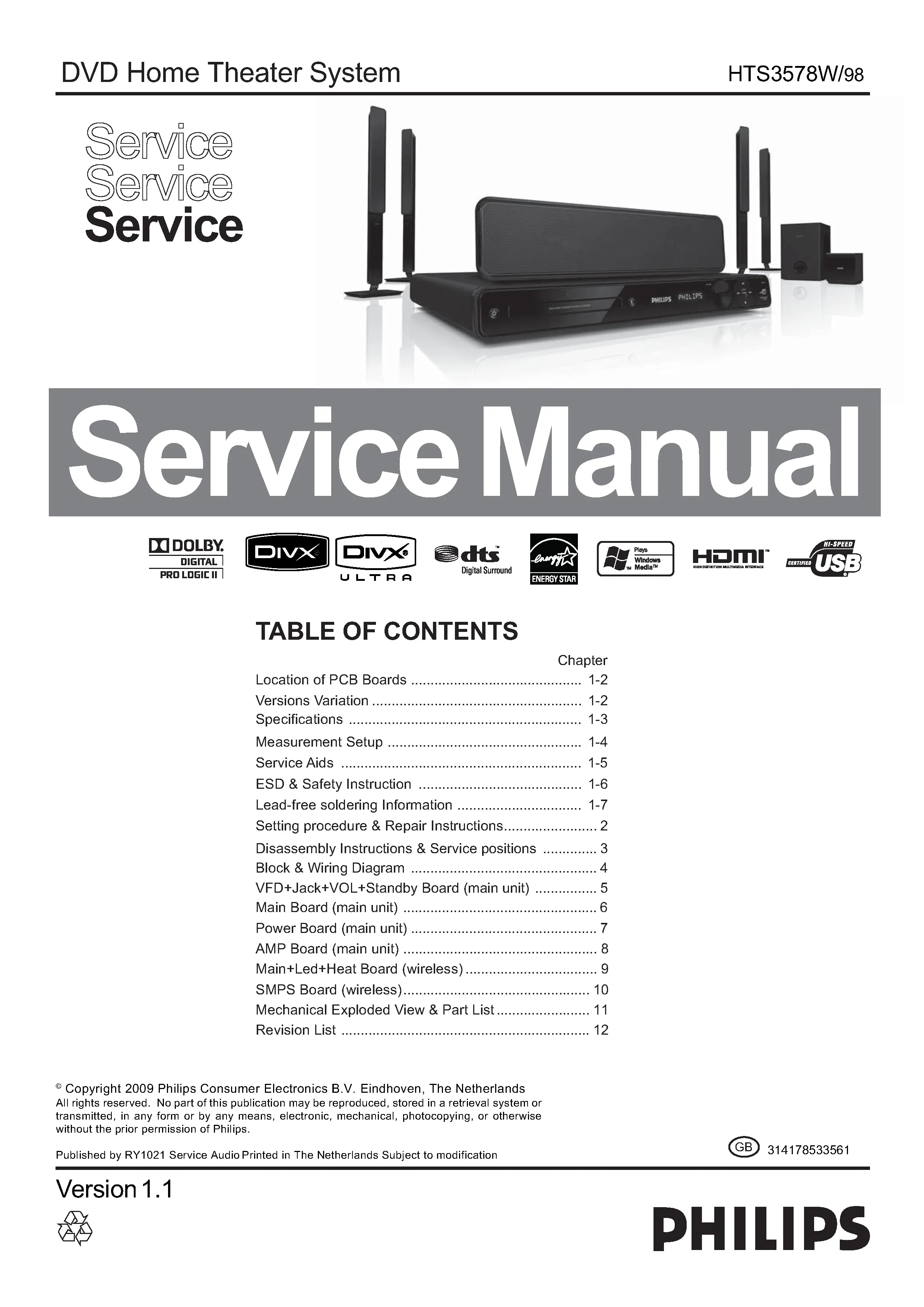 Philips hts3578w service manual cover with picture of the device, model type and number, table of contents, manual version and publication year.