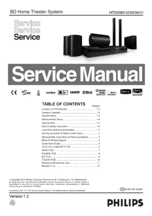 Philips hts3580 service manual cover with picture of the device, model type and number, table of contents, manual version and publication year.