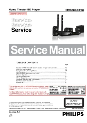 Philips hts3582 service manual cover with picture of the device, model type and number, table of contents, manual version and publication year.
