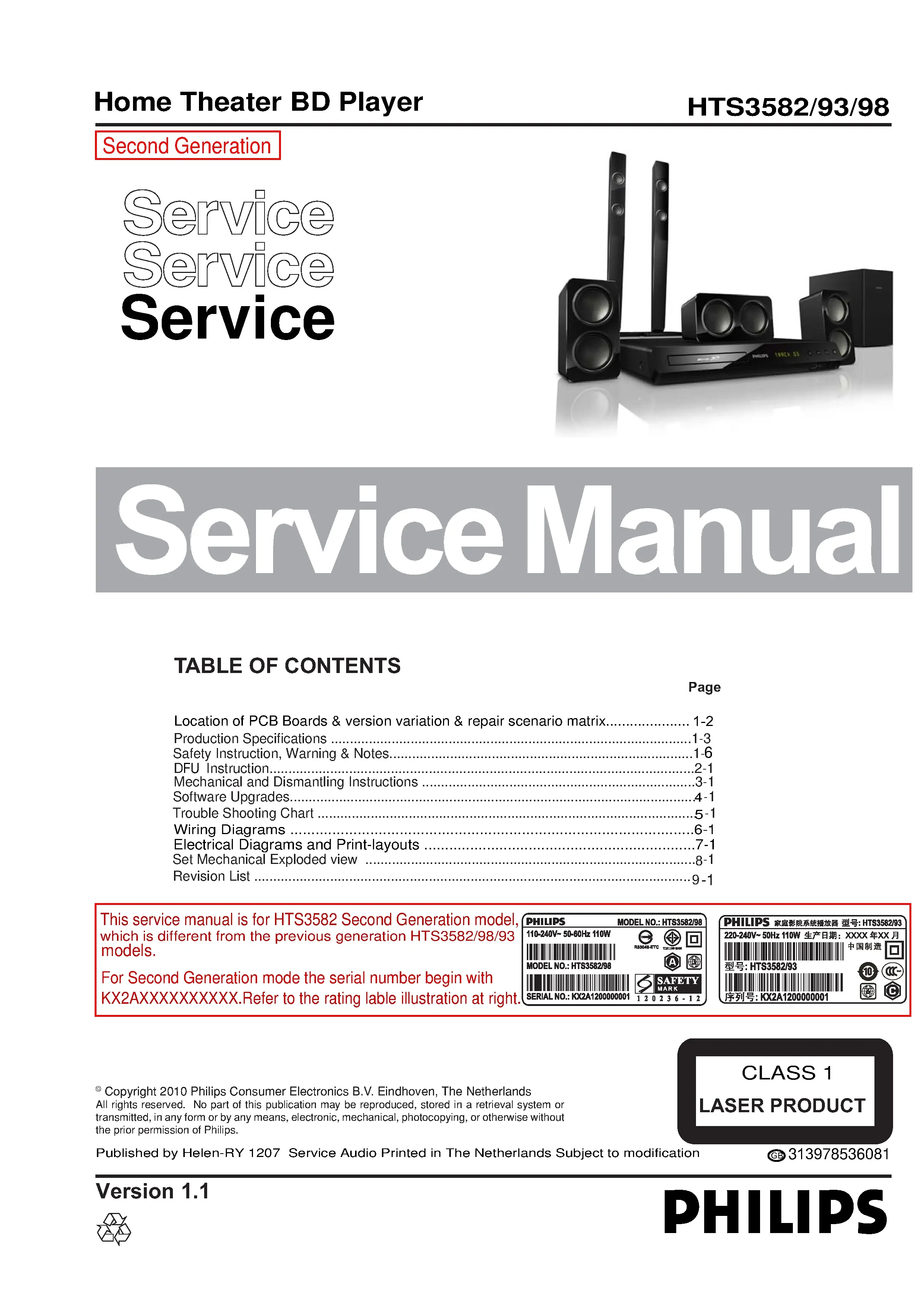 Philips hts3582 service manual cover with picture of the device, model type and number, table of contents, manual version and publication year.