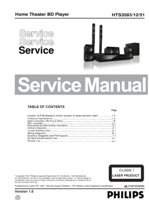 Philips hts3583 service manual cover with picture of the device, model type and number, table of contents, manual version and publication year.