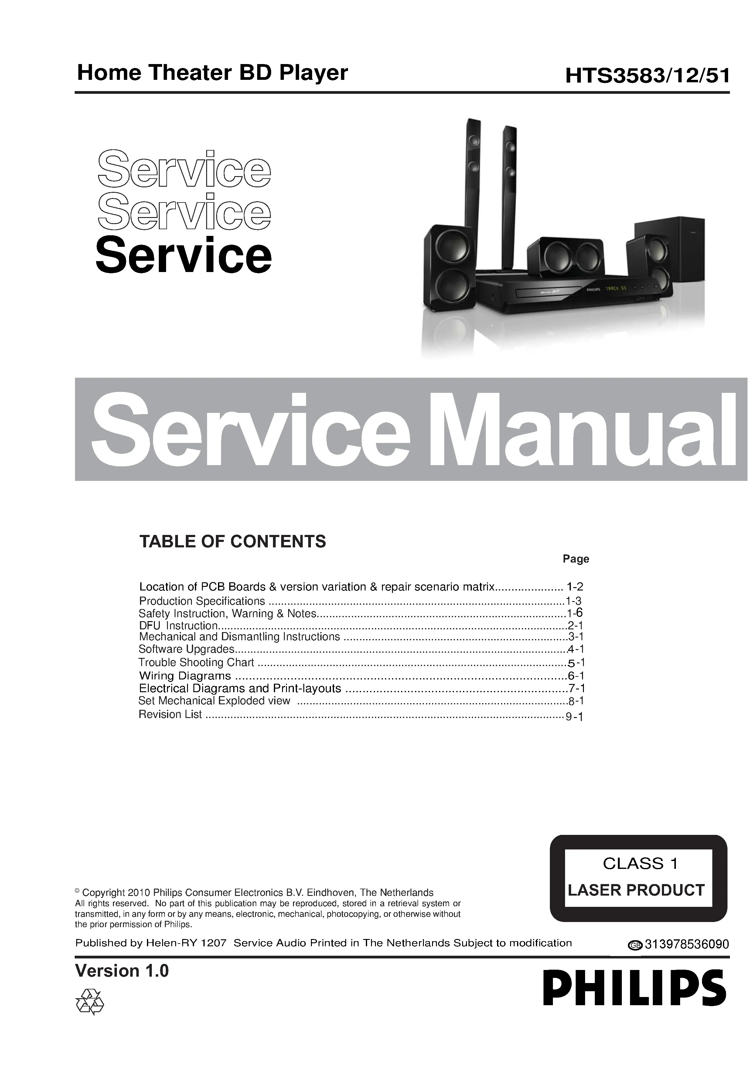 Philips hts3583 service manual cover with picture of the device, model type and number, table of contents, manual version and publication year.