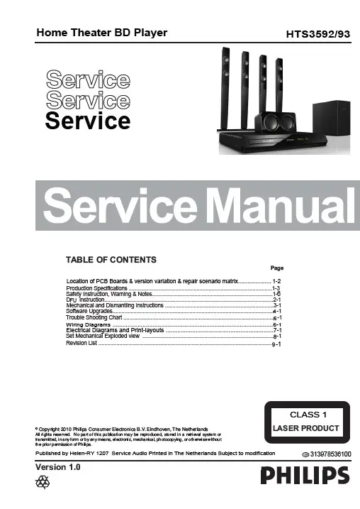 Philips hts3592 service manual cover with picture of the device, model type and number, table of contents, manual version and publication year.