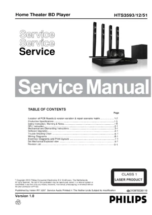 Philips hts3593 service manual cover with picture of the device, model type and number, table of contents, manual version and publication year.