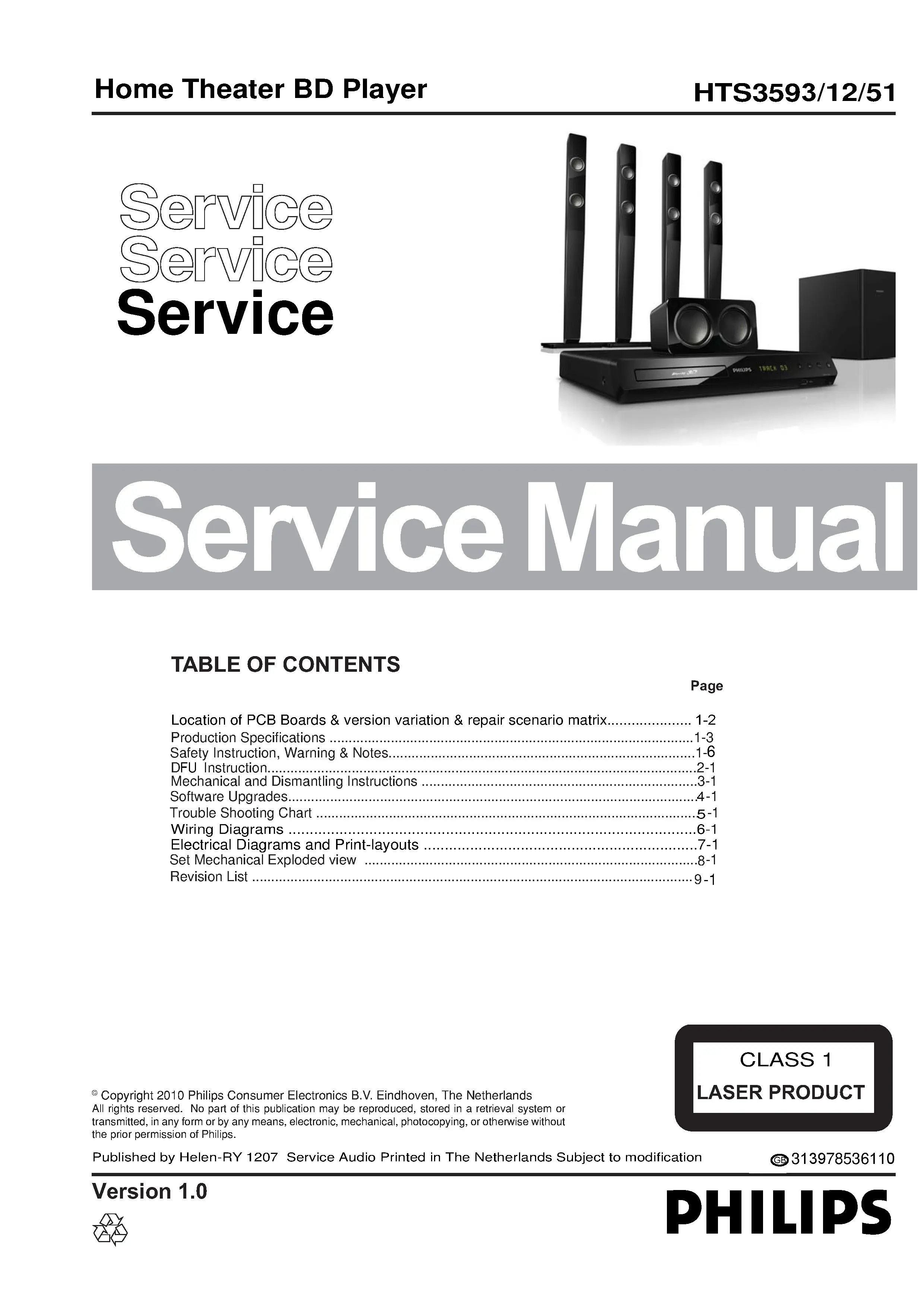Philips hts3593 service manual cover with picture of the device, model type and number, table of contents, manual version and publication year.