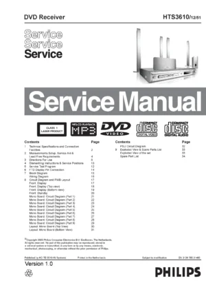 Philips hts3610 service manual cover with picture of the device, model type and number, table of contents, manual version and publication year.