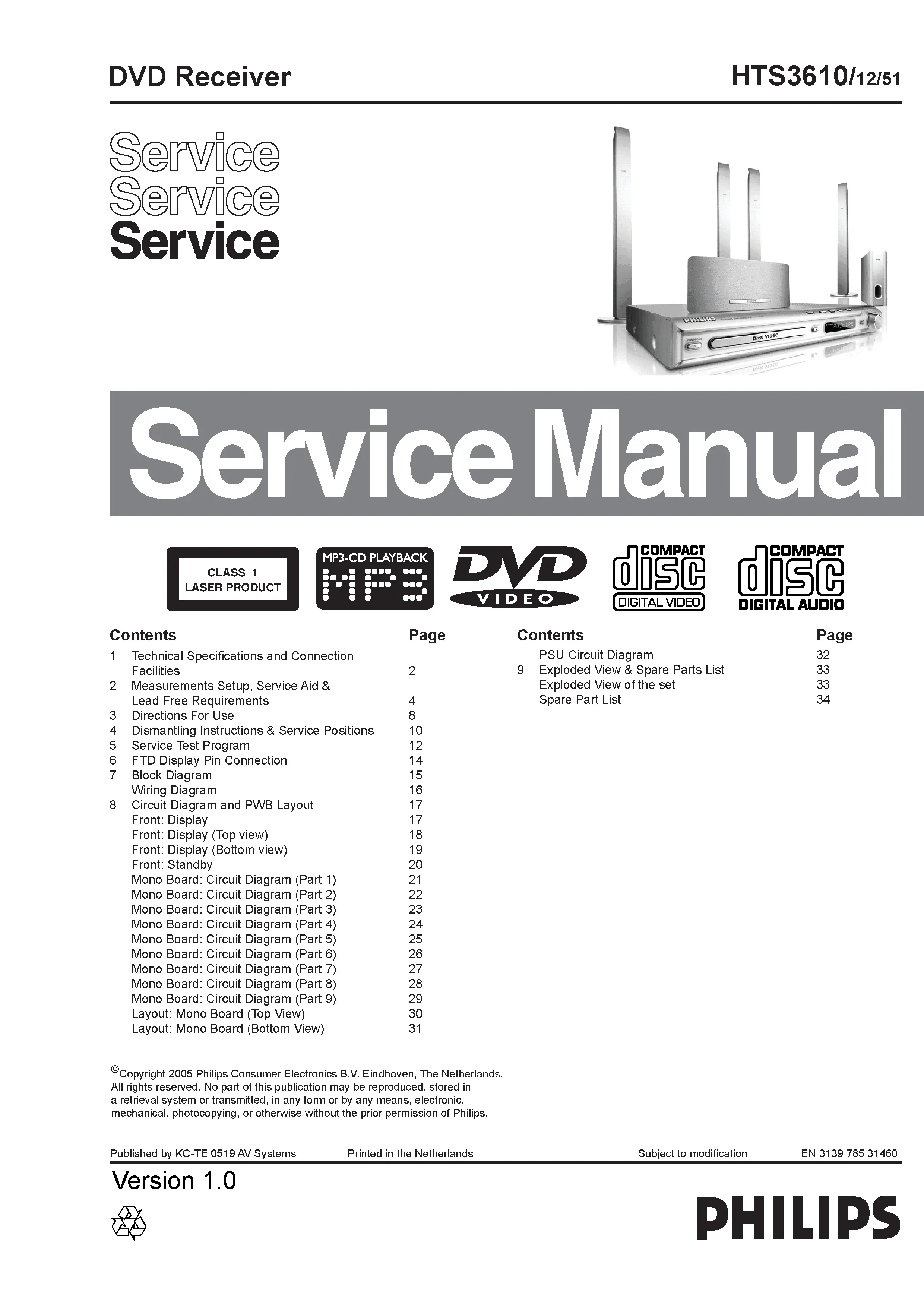 Philips hts3610 service manual cover with picture of the device, model type and number, table of contents, manual version and publication year.