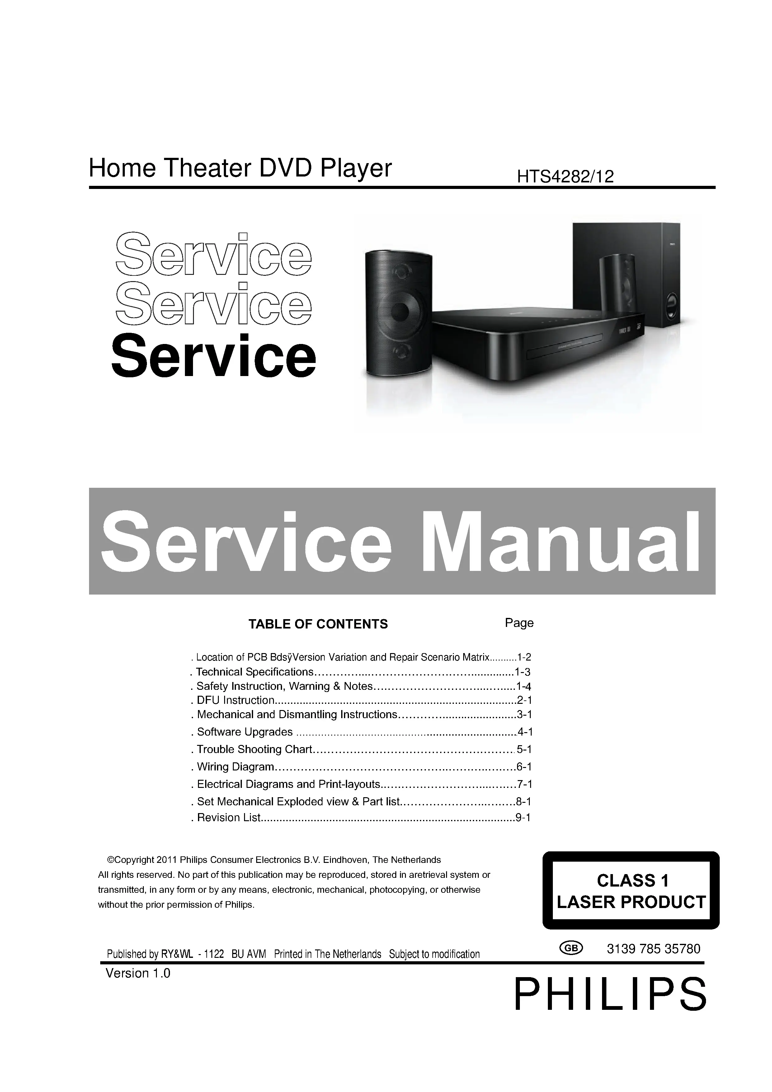 Philips hts4282 service manual cover with picture of the device, model type and number, table of contents, manual version and publication year.