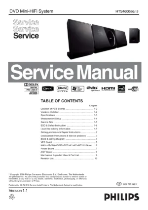 Philips hts4600 service manual cover with picture of the device, model type and number, table of contents, manual version and publication year.