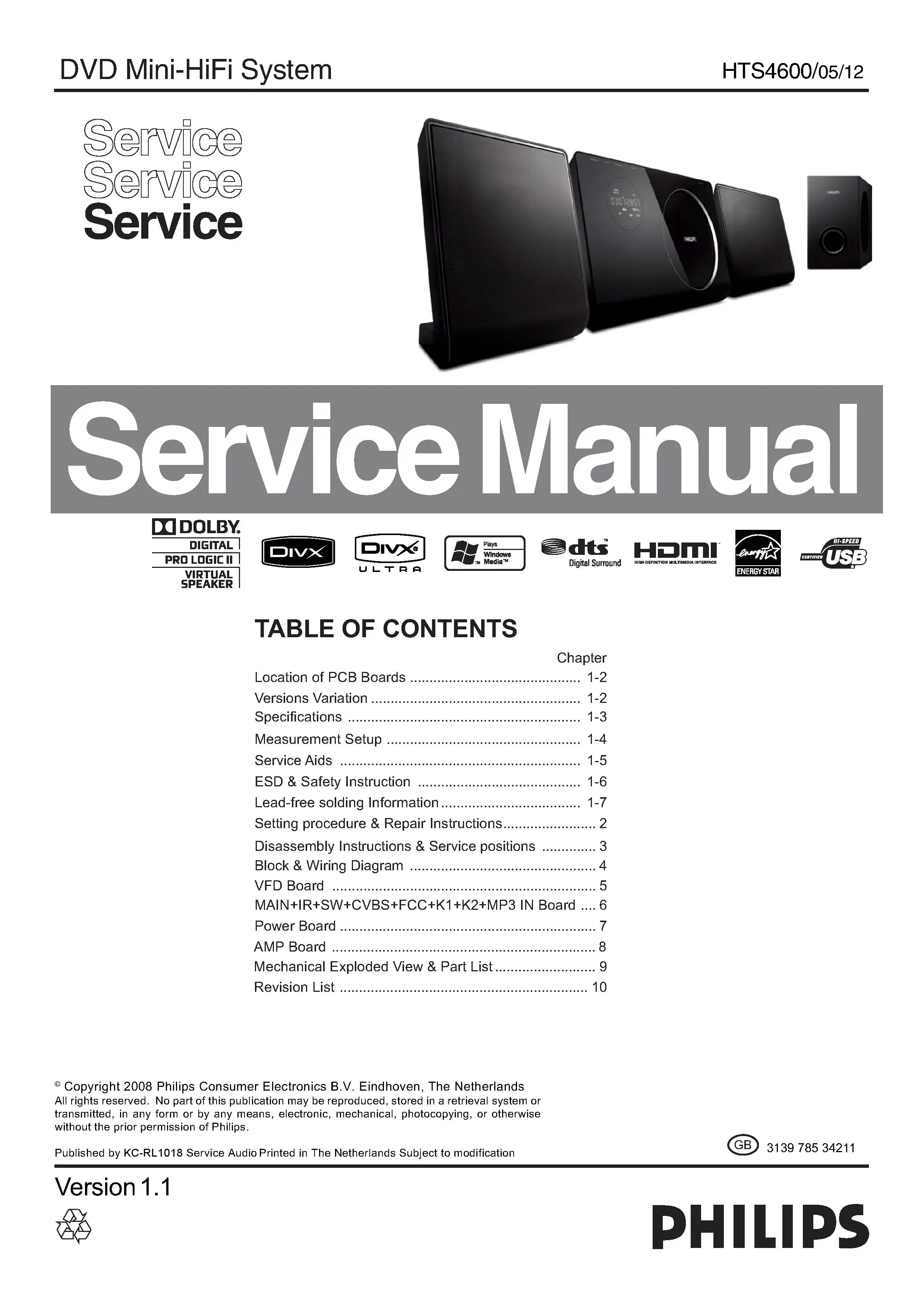 Philips hts4600 service manual cover with picture of the device, model type and number, table of contents, manual version and publication year.